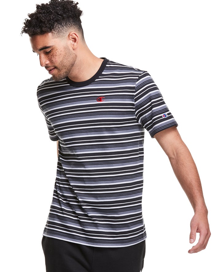 Champion Yarn-Dye Stripe C Logo T-Shirt Heren - Zwart/Grijs - Belgie 8253CUZEJ